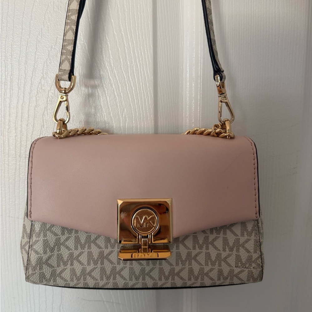 Michael Kors Blush Pink and Signature Logo Crossbody with Gold Chain